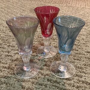 Set of Three vintage Colored small port/ shot stemmed glasses.